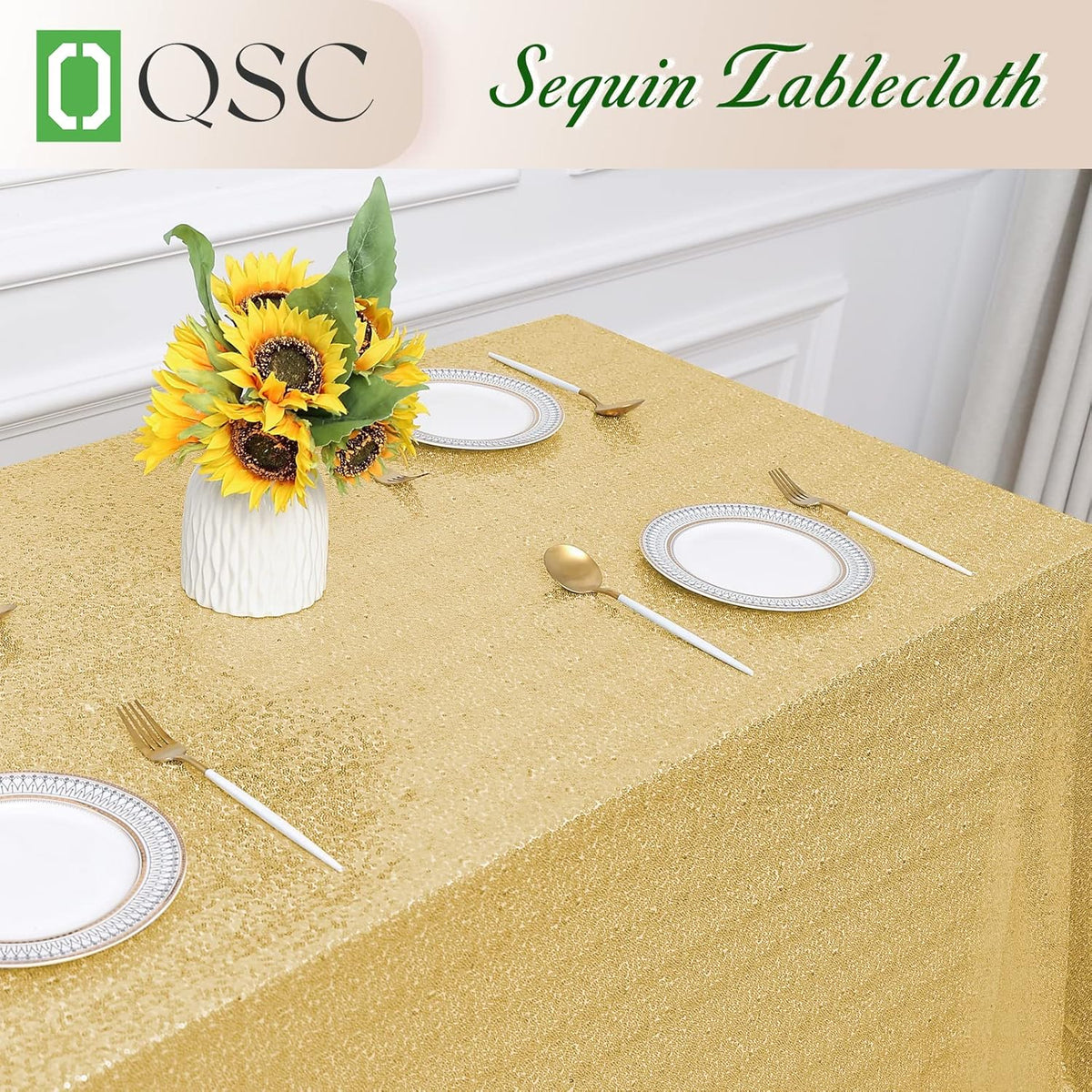 OQSQ Gold Sequin Tablecloth 50x80 inch, Glitter Drape Table Cloth, Sparkle Sequence Table Overlays