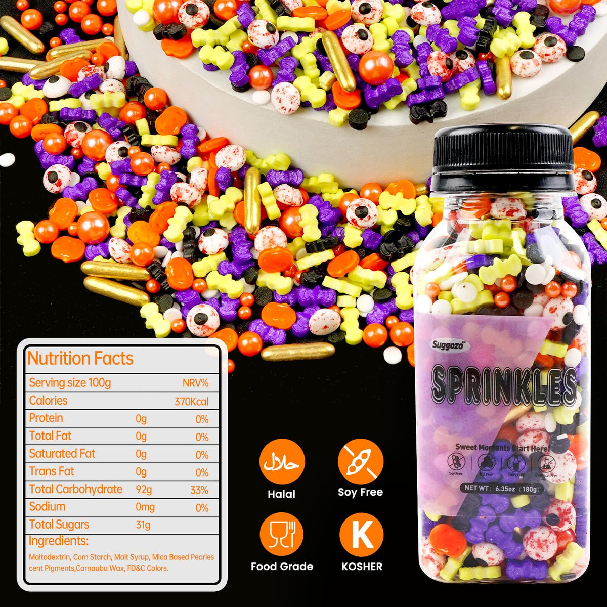 Halloween Sprinkles Mix, Sprinkles for Cake Decorating, Edible Halloween Candy, 180g/ 6.35oz
