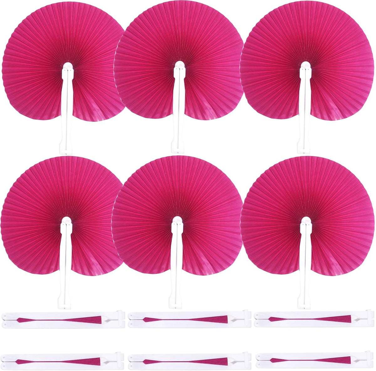 12 Packs Decorative Paper Folding Hand Fans Handheld,Hot Pink Round Foldable Wedding Fans Chinese