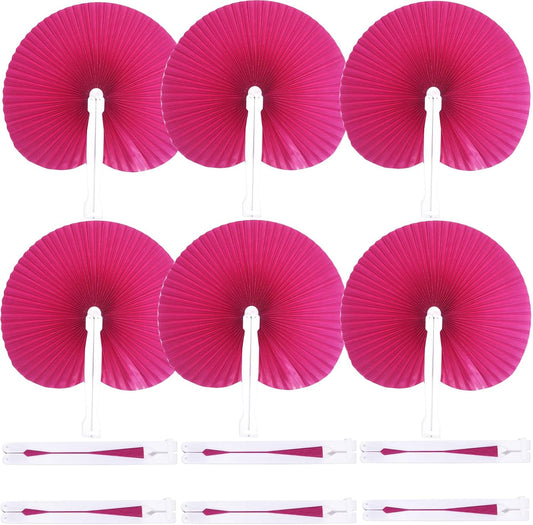 12 Packs Decorative Paper Folding Hand Fans Handheld,Hot Pink Round Foldable Wedding Fans Chinese