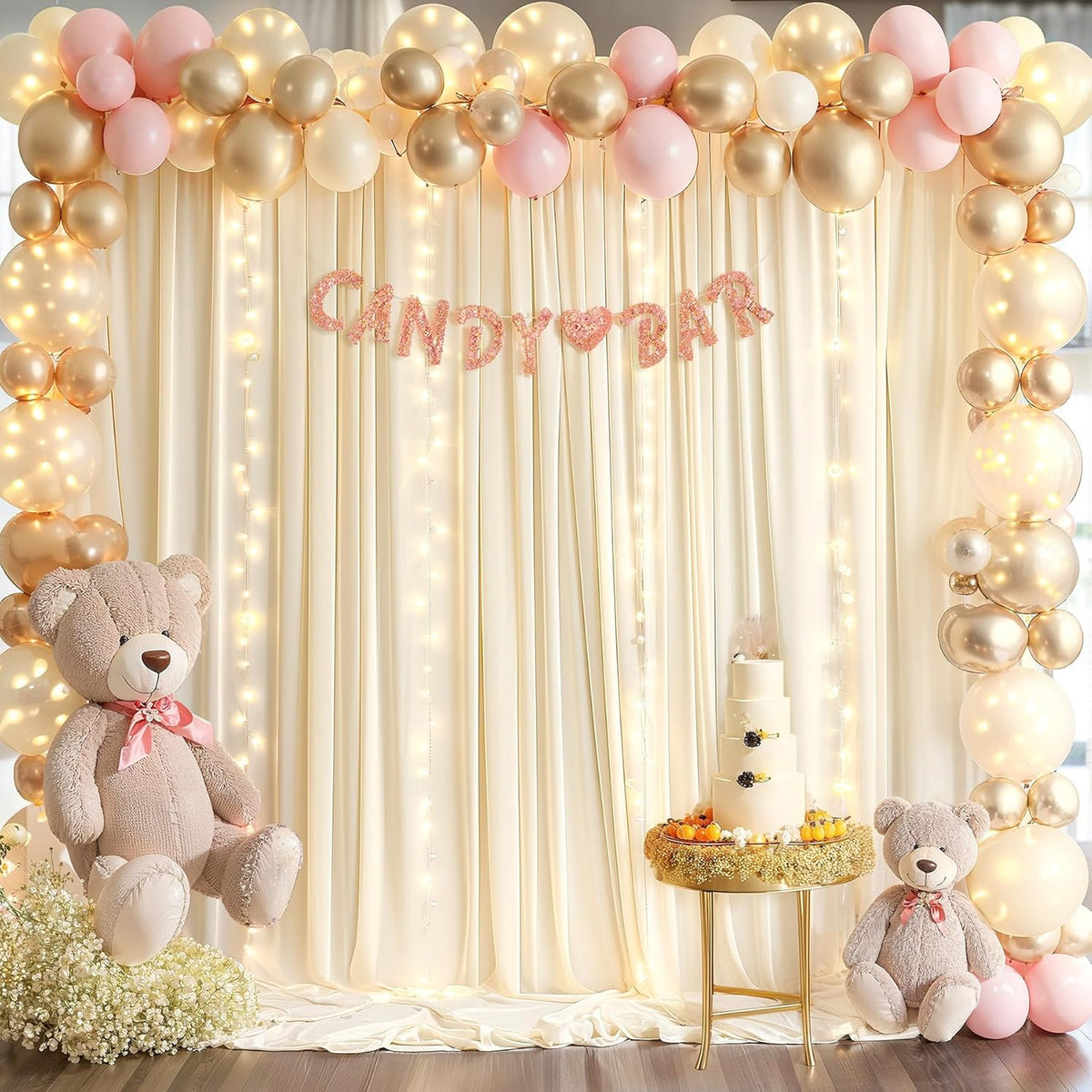 Light Champagne Backdrop Curtains with Lights String for Parties,10x10FT Wrinkle Free Wedding Photo