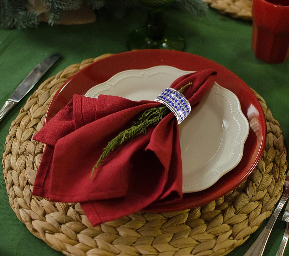 Rhinestone Napkin Ring Diamond Napkin Rings Stainless Steel Blue Crystal Napkin Holder Set of 12