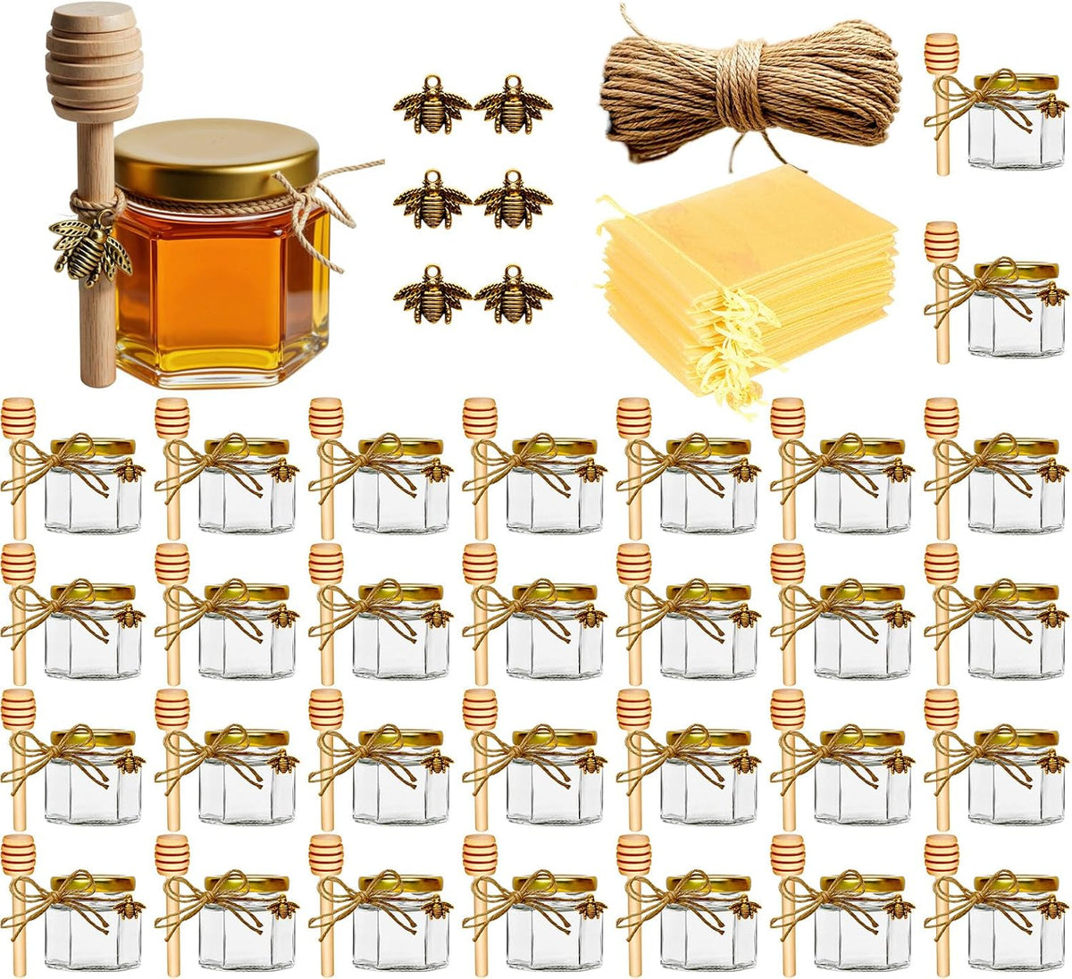 Adabocute Honey Pot, Mini Glass Honey Jars with Wood Dipper, Gold Lid, Bee Charms, Gold Organza