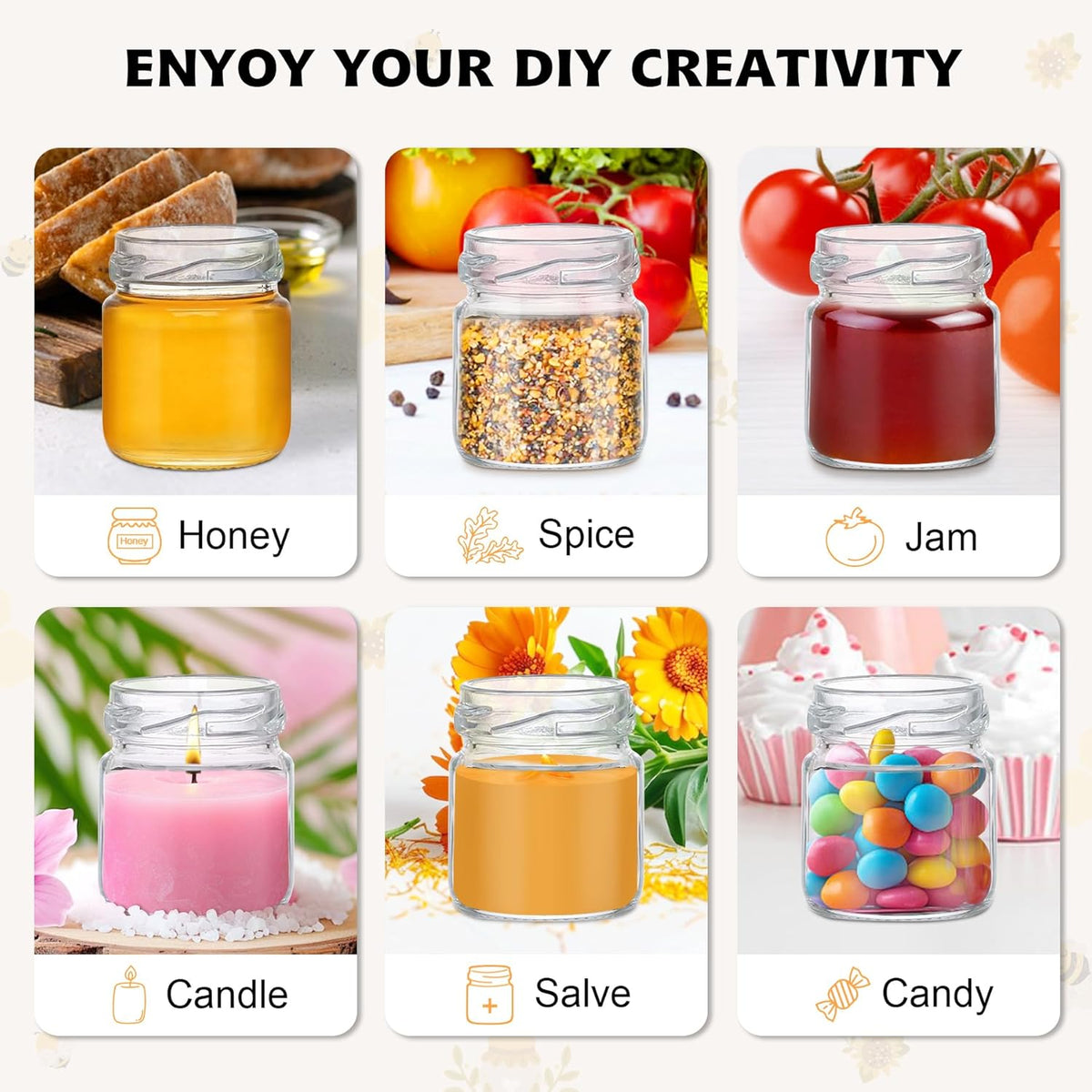 126 Pcs 1.5 oz Mini Round Glass Honey Jars with Dippers, Gold Lids, Bee Stickers, Bee Charms, Gift