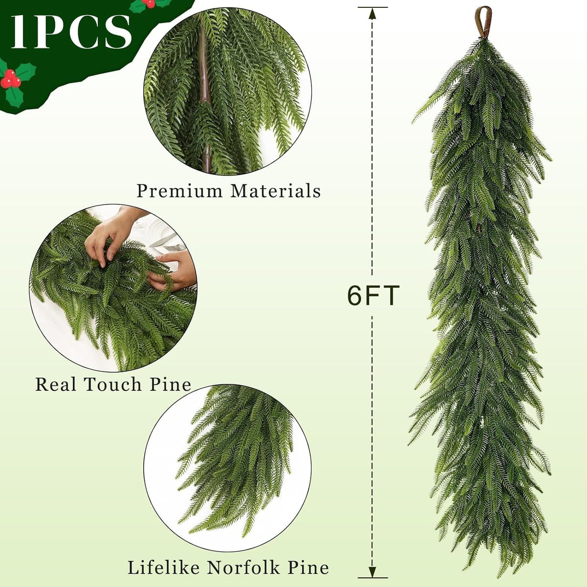 6FT Christmas Norfolk Pine Garland -1PCS, Artificial Pine Needles Garlands Faux Greenery Fake