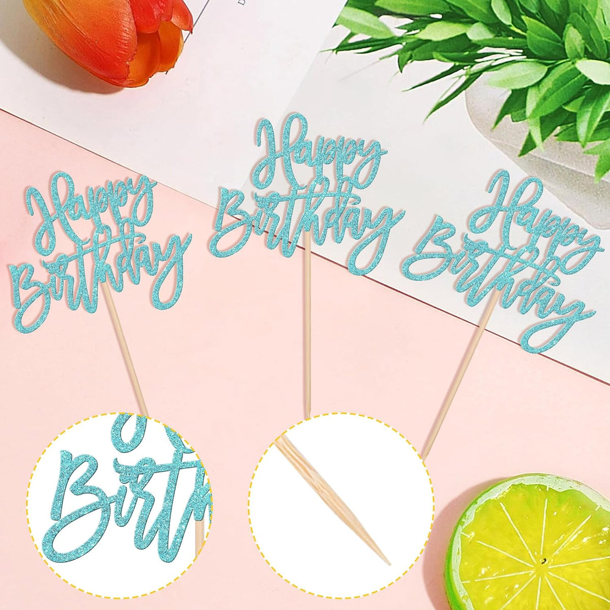 24 PCS Happy Birthday Cupcake Toppers Glitter Picks for Celebrating Anniversary Theme Party Cake