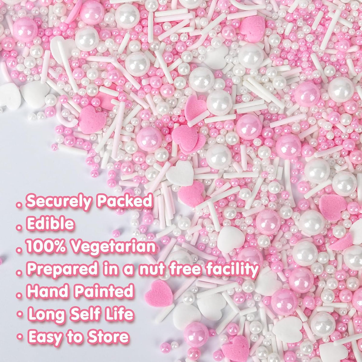 Edible Heart Sprinkles for Cake Decorating,White Pink Pearl Sugar Jimmies Mix Size
