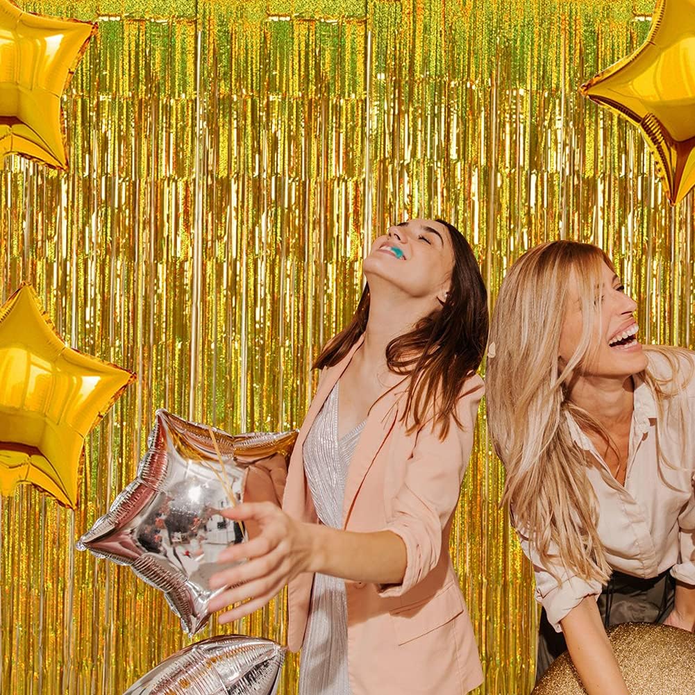 TONIFUL 3Pcs Laser Gold Door Streamers, Metallic Foil Fringe Curtains for Birthday, Christmas, New