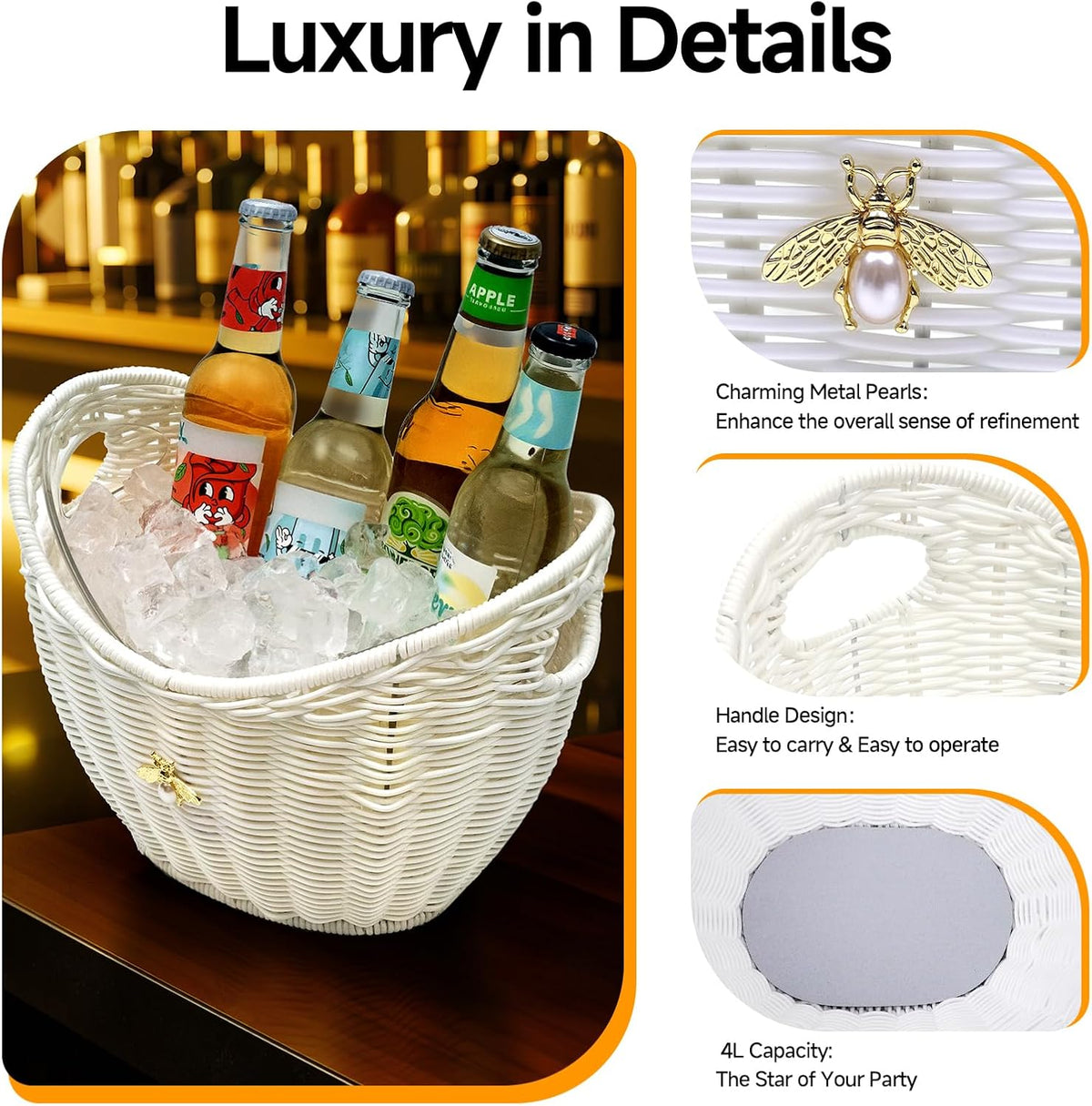 Lexenic Ice Bucket with Handle Hole, Woven and Acrylic Double Layer Basket Design, 4L Champagne
