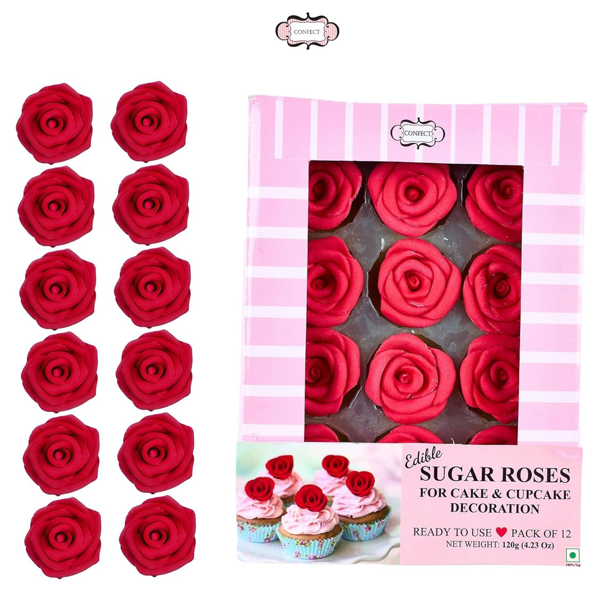 Confect Edible Neon Pink Roses – 12-Pack Edible Roses for Cake Decoration – Bold Floral Toppers for