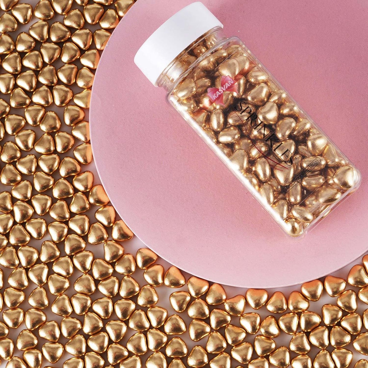 Kasvan Gold Heart Shapes Sprinkles - Edible Candy Pearls 100g/3.58 Oz, Mix Size, Baking Cake