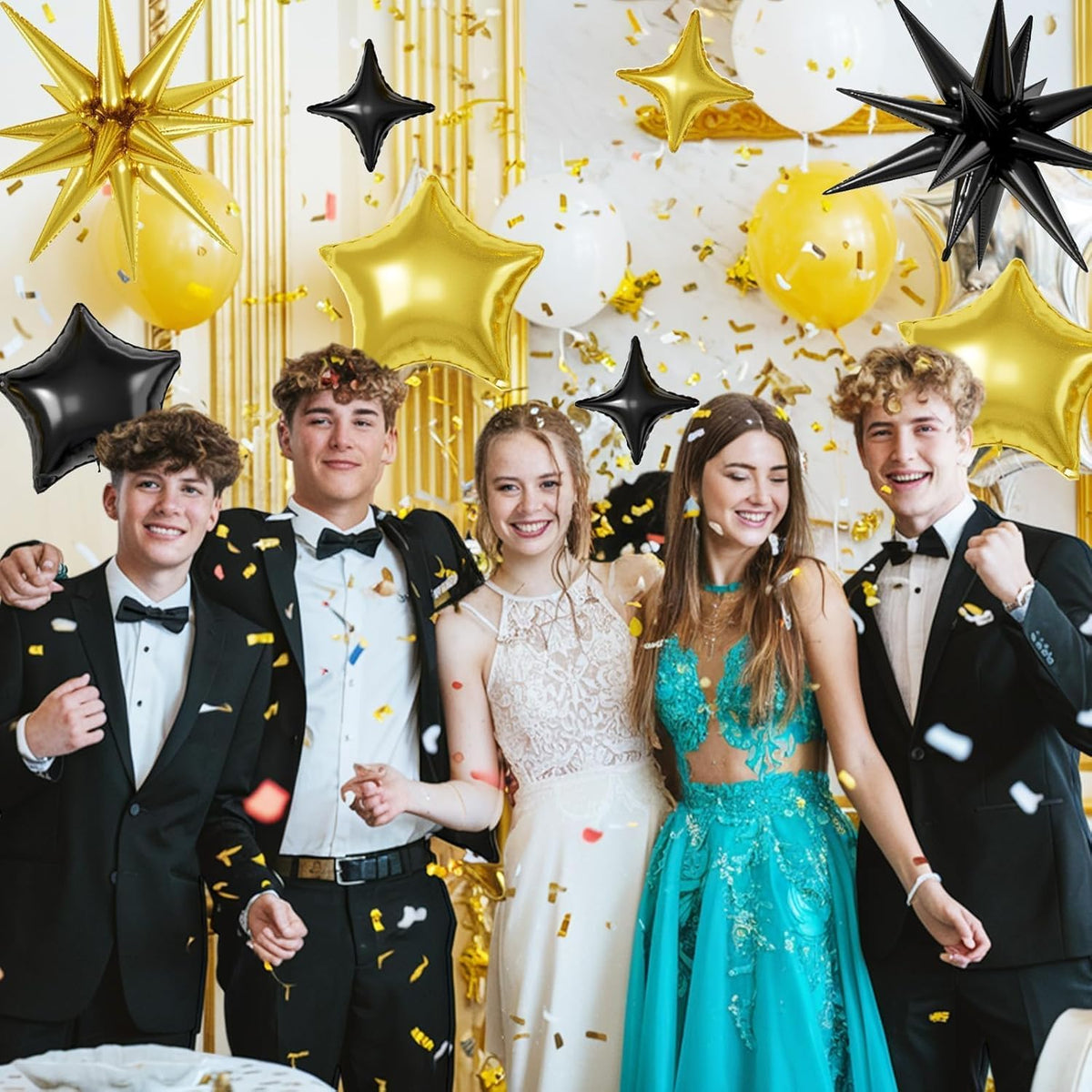 16 Pcs Black Gold Star Balloons, 22/18/10 Inch Foil Balloons, Four-Pointed Balloon for Kids