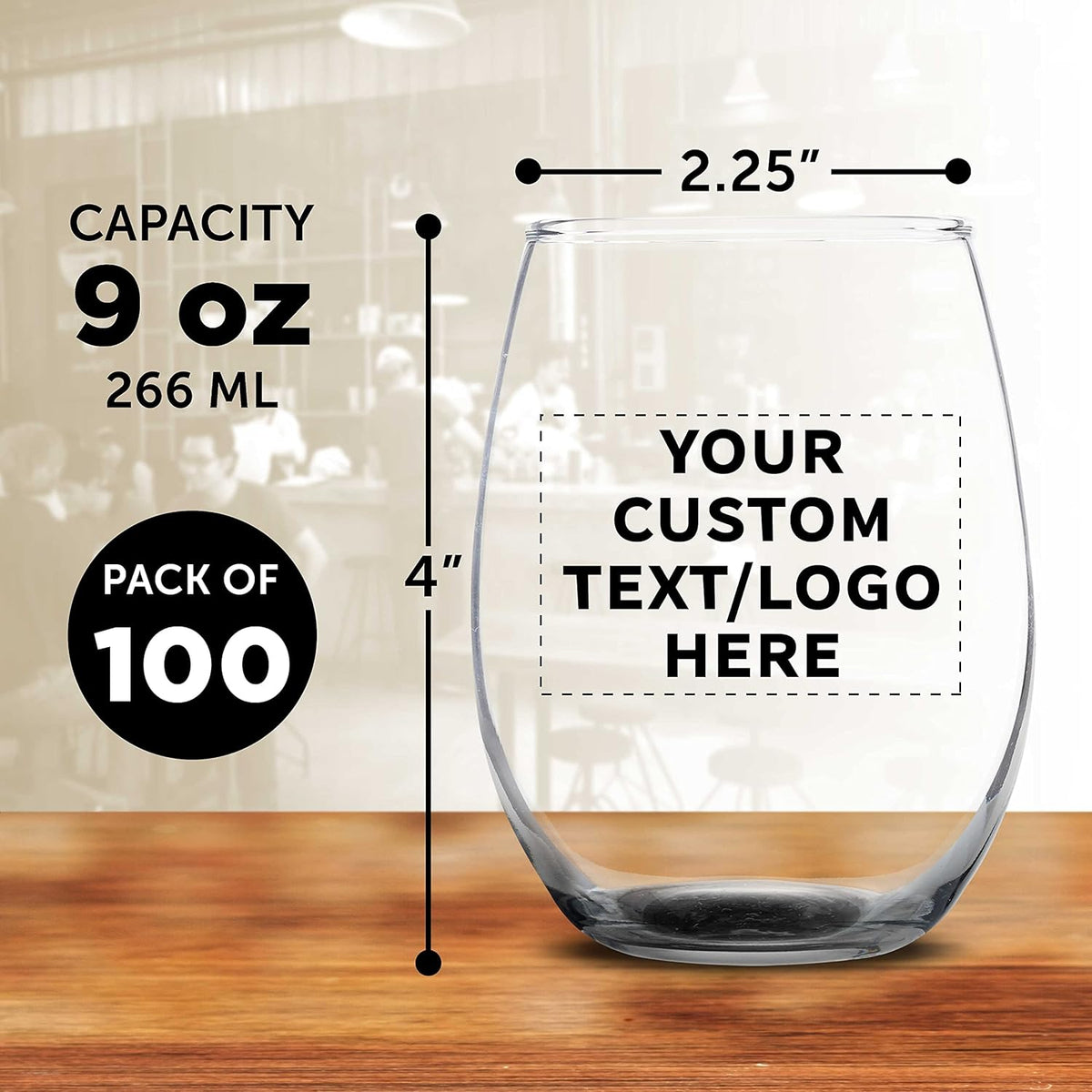 Custom Stemless Wine Glass 9 oz. Set of 100, Personalized Bulk Pack - Great for Wedding Favors
