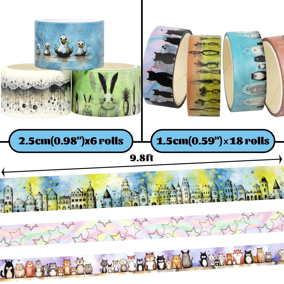 Cute Washi Tape Set - 24 Rolls Kawaii Animals Decorative Washi Tape for Scrapbooking Supplies