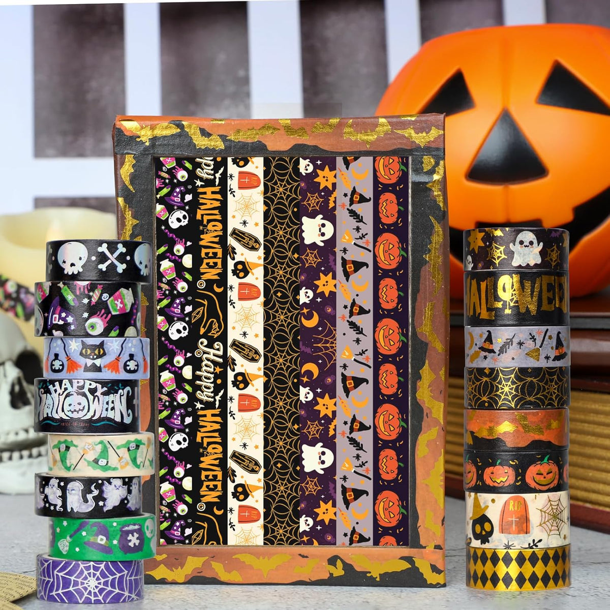 16 Rolls Halloween Washi Tape Holiday Masking Tape Stickers Glod Foil Decorative Tape for Scrapbook