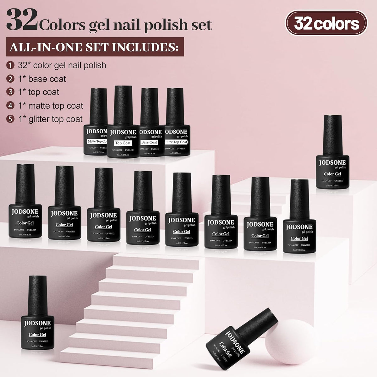 JODSONE 36 PCS Gel Nail Polish Set-32 Colors Gel Polish Kit Base Coat Glossy Matte and Glitter Top