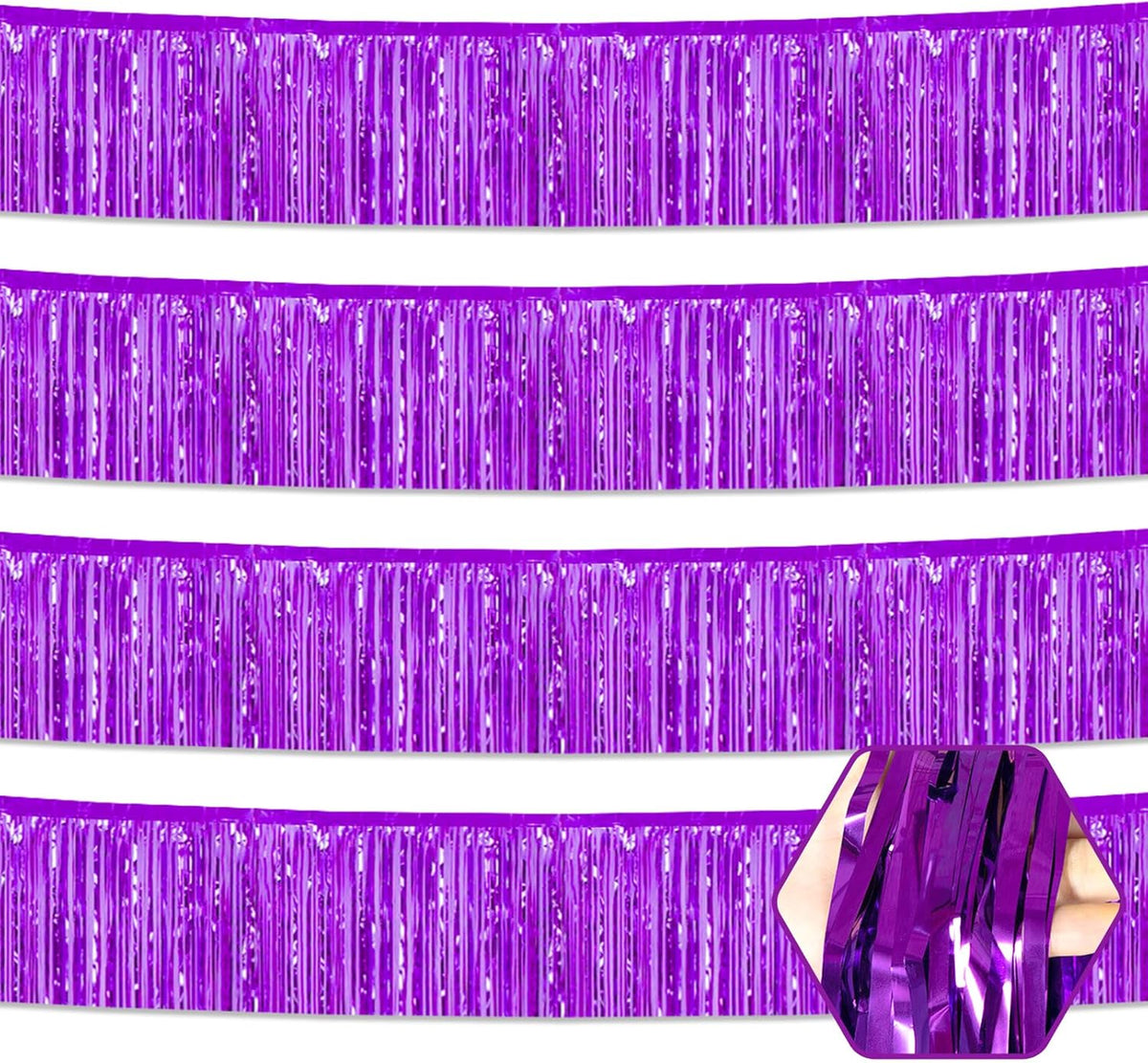 4 Pack 10 Feet Purple Foil Fringe Garland Metallic Tinsel Streamers Banner Wall Hanging Curtain