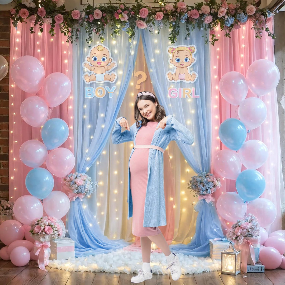 Pink Blue Sheer Tulle Backdrop Curtains with Lights String for Gender Reveal Baby Shower