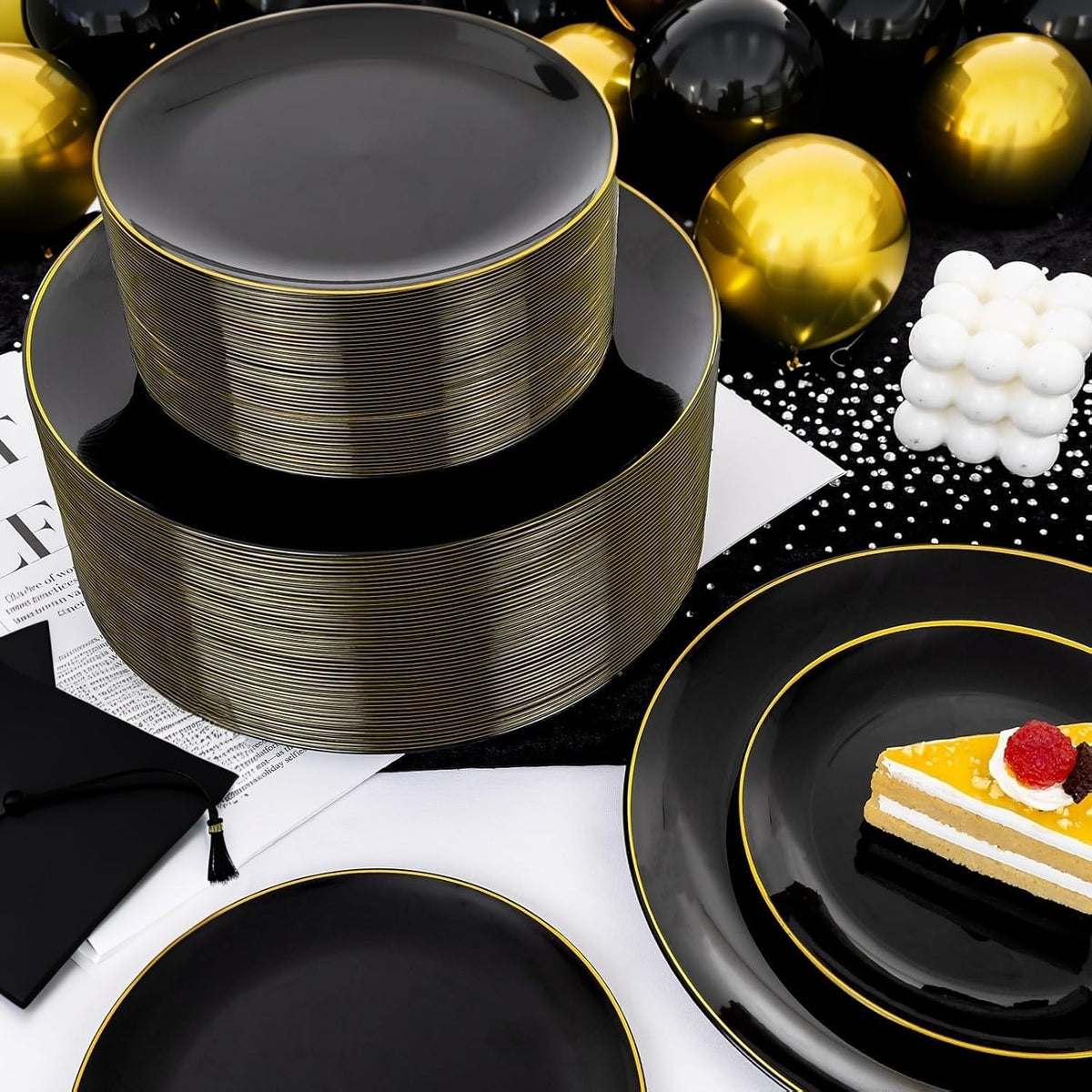 KIRE 350 PCS Plastic Dinnerware Set for 50 Guests - Black and Gold Plates 50 for Dinner 50 for