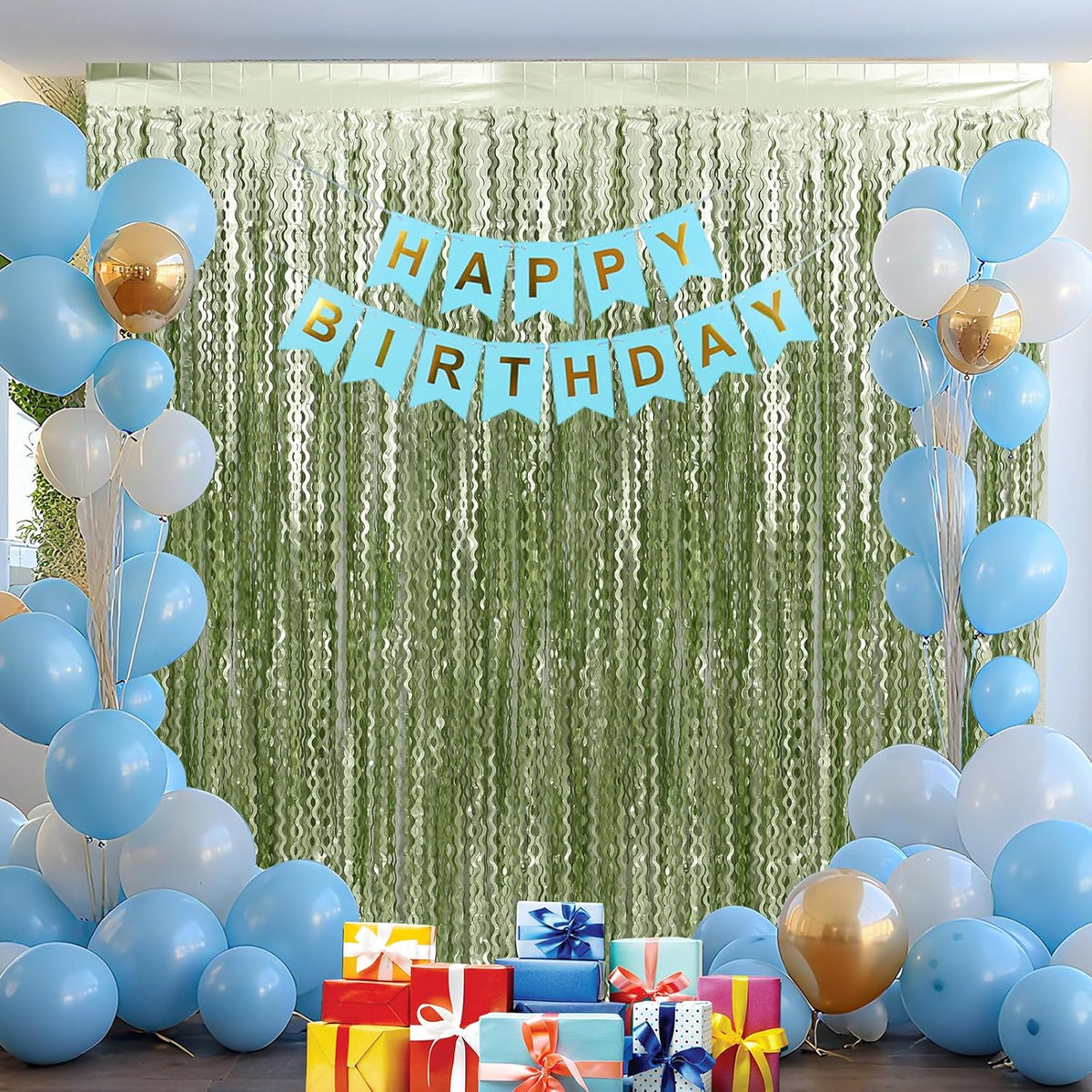 4 Pack Sage Green Wavy Metallic Tinsel Foil Fringe Curtains 3.3x6.6 Feet - Light Green Foil