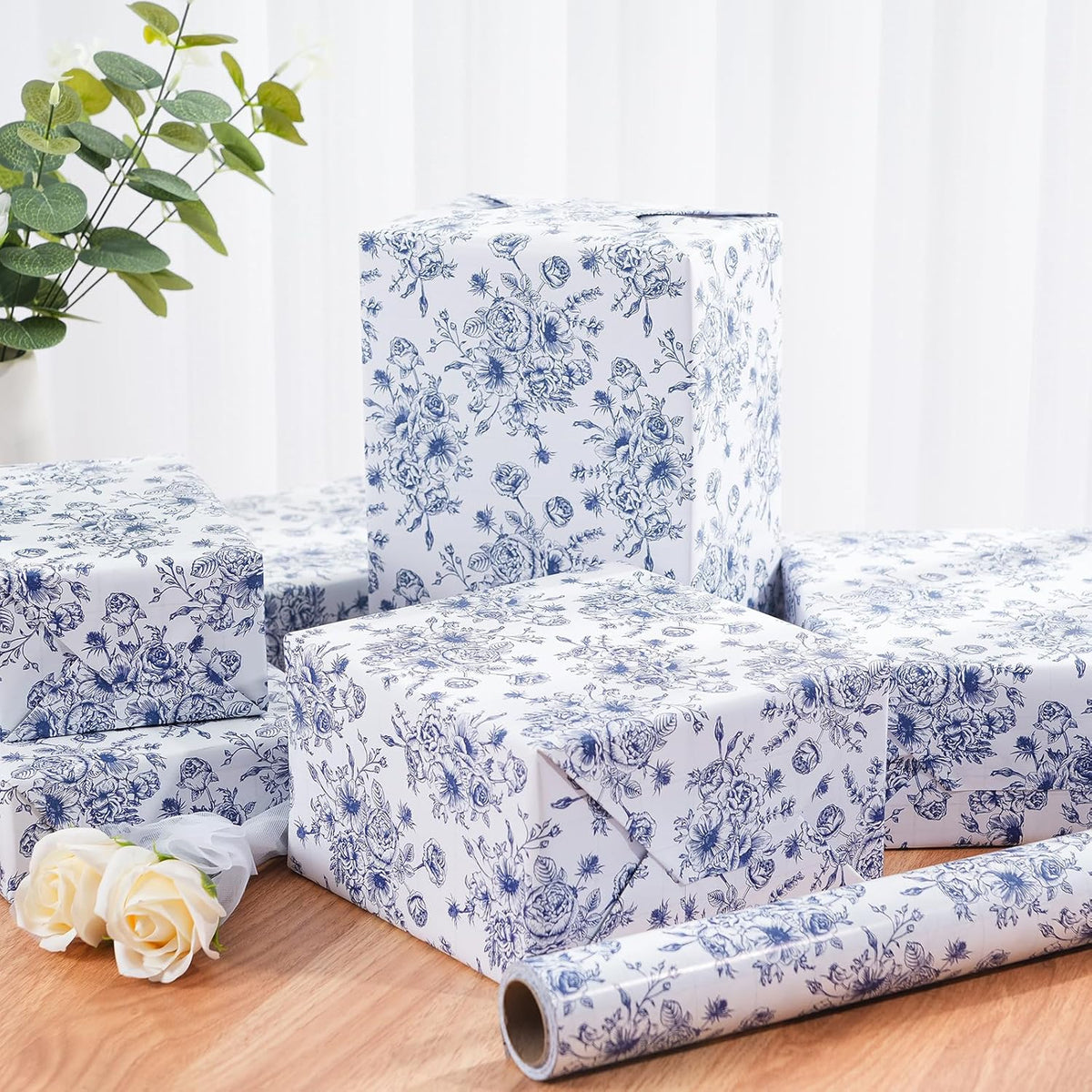 Ulmasinn Blue Floral Wrapping Paper Roll - 17 Inches x 33 Feet - Vintage Toile Blue Floral Design