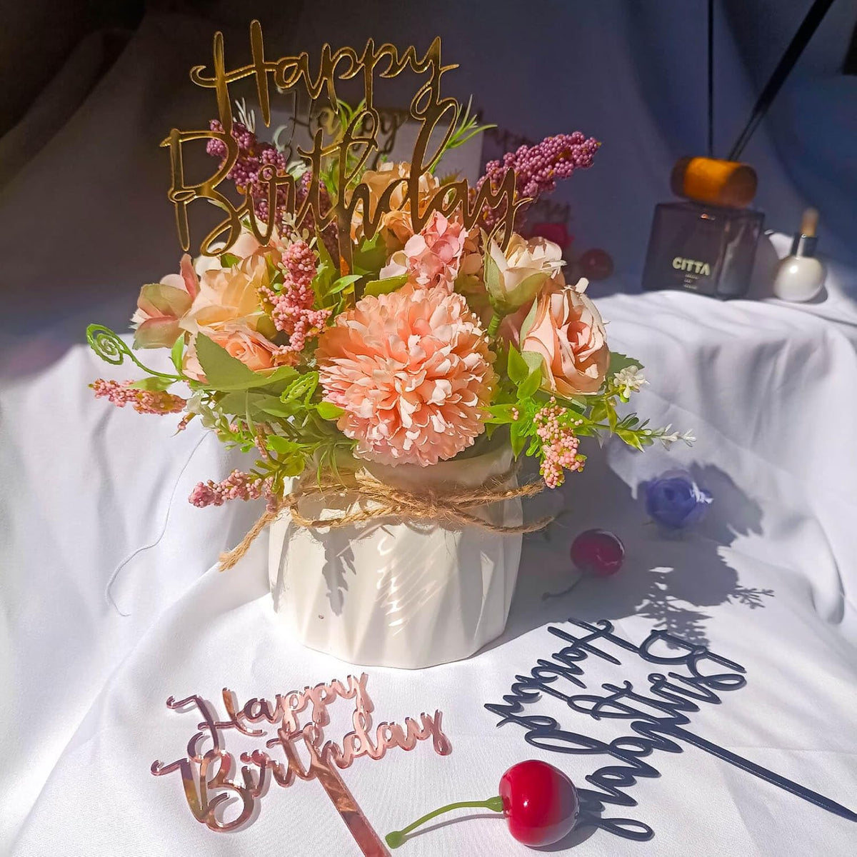 Happy Birthday Cake Toppers - 6 Pack (2 Styles, 3 Colors) Acrylic Cake Decorations for Women & Men