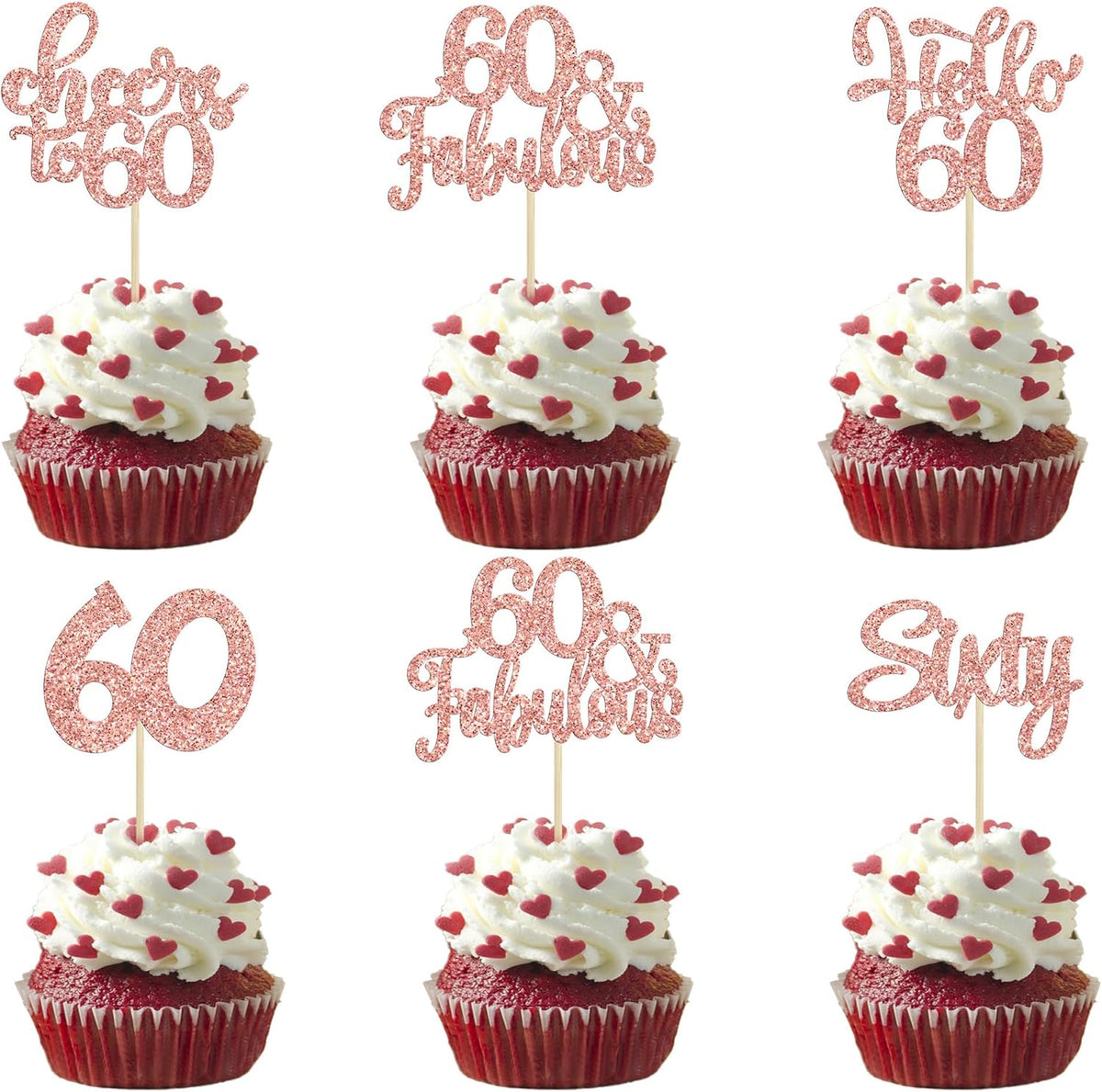 30Pcs Happy 60th Birthday Cupcake Toppers Rose Gold Glitter Sixty Cake Toppers Cheers to 60 Years