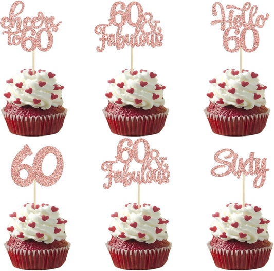 30Pcs Happy 60th Birthday Cupcake Toppers Rose Gold Glitter Sixty Cake Toppers Cheers to 60 Years