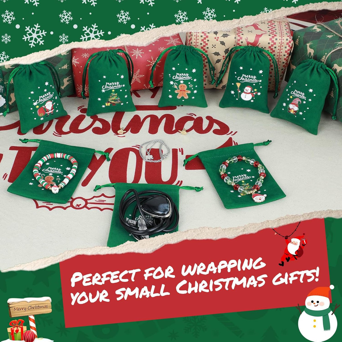 Tapleap Christmas Bags with Drawstring - 50Pcs 3x4 Green Velvet Coth for Wrapping Christmas Party