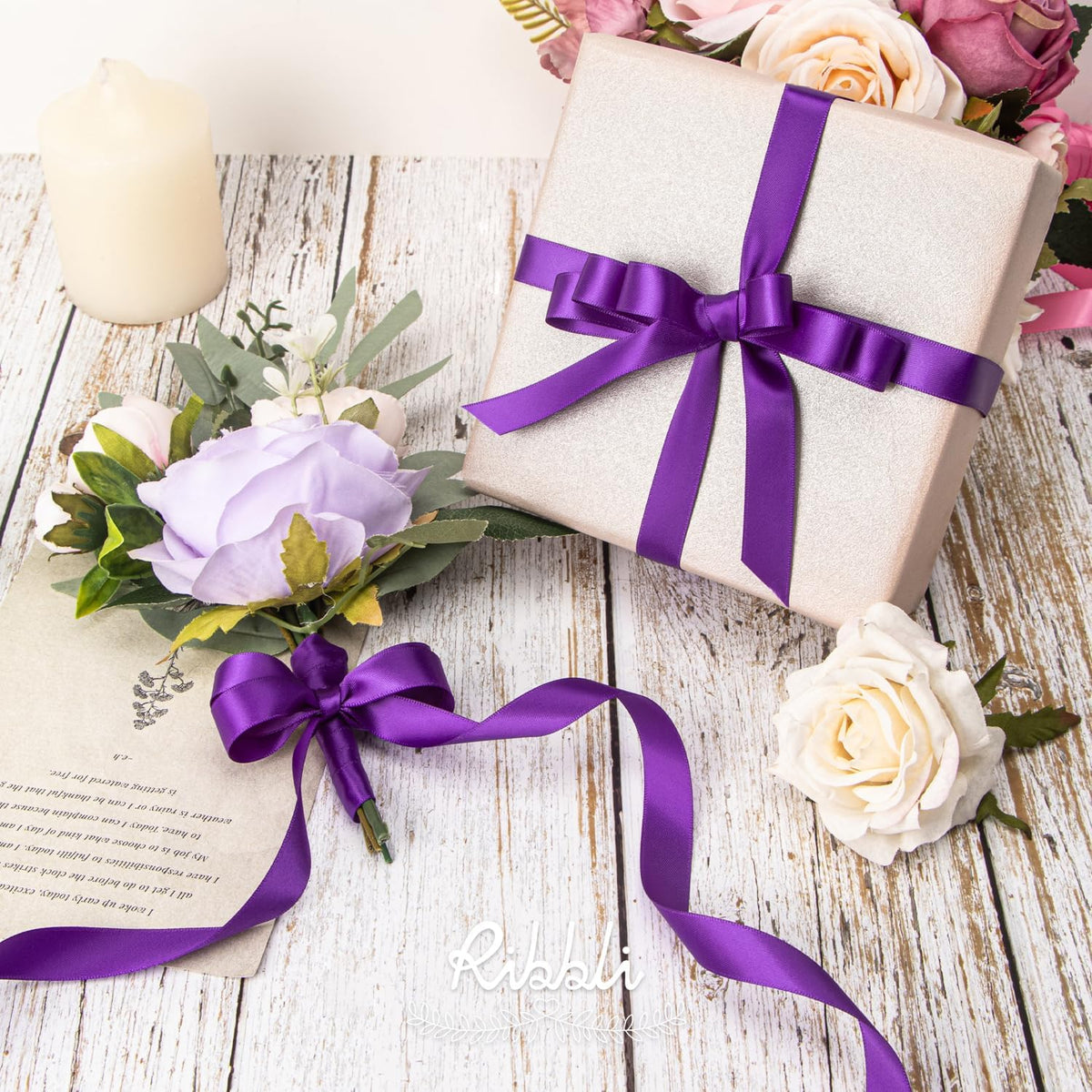Ribbli Purple Satin Ribbon 5/8 inch x Continuous 25 Yards,Double Faced Satin Use for Craft, Gift