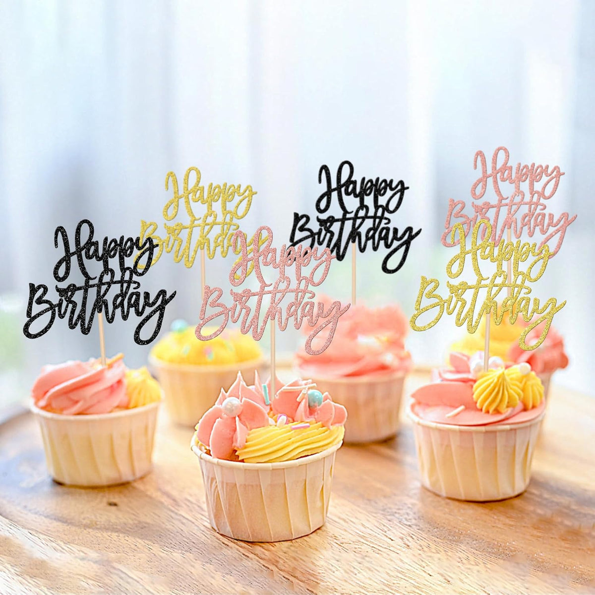 24 PCS Happy Birthday Cupcake Toppers Glitter Happy Birthday Cupcake Picks for Celebrating