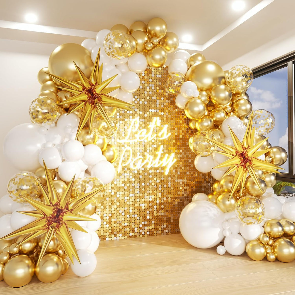 White and Gold Balloons Garland Arch Kit, 130Pcs White Metallic Gold Confetti Balloon with Star