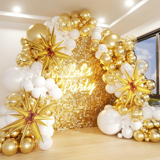 White and Gold Balloons Garland Arch Kit, 130Pcs White Metallic Gold Confetti Balloon with Star