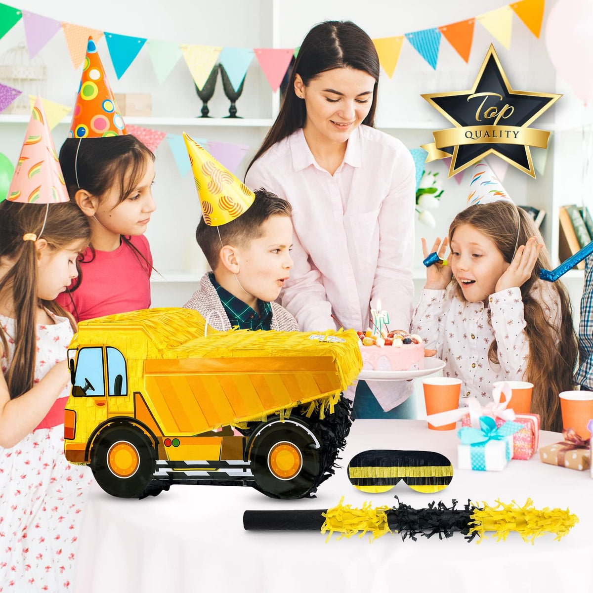 Small Dump Truck Pinata Bundle with a Blindfold and Bat(16 x 9 x 6.5 Inches), Kids Excavator Pinata