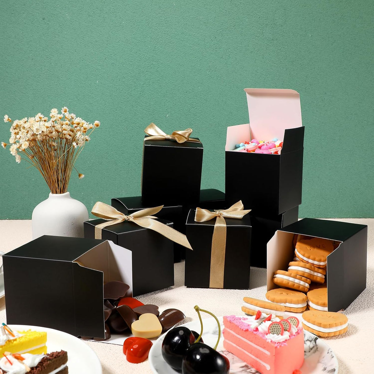 Jutom 100 Pcs Mini Favor Boxes Extra Small Candy Boxes Paper with Gold Ribbon for Christmas