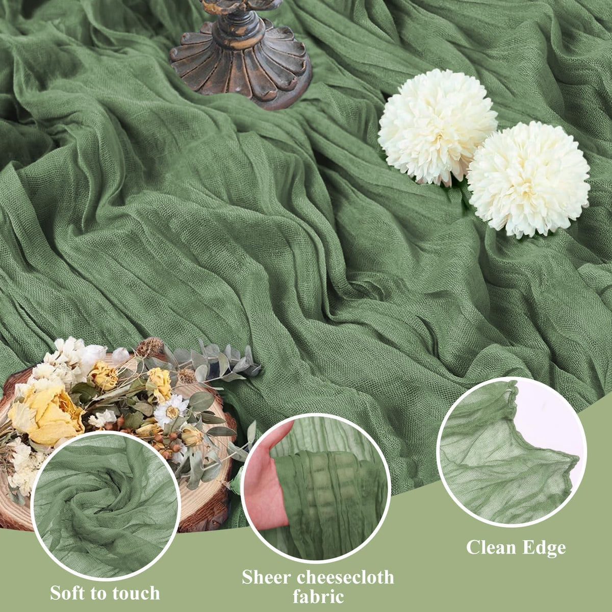 Asee'm 4pcs Cheesecloth Table Runner 120 Inches Sage Green Boho Gauze Cheese Cloth Runner 10FT