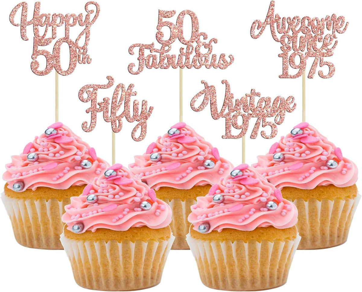 30Pcs Vintage 1975 Cupcake Toppers Glitter Fifty 50 Fabulous Happy 50th Birthday Cupcake Picks