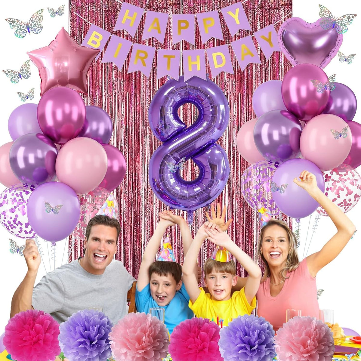 Pink Purple 8th Birthday Party Decorations for Girls Number 8 Balloon Happy Birthday Banner
