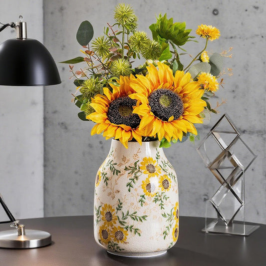 Sunflower Vintage Ceramic Yellow Floral Vase, Beige and Green Chinoiserie Home Decor for Fireplace
