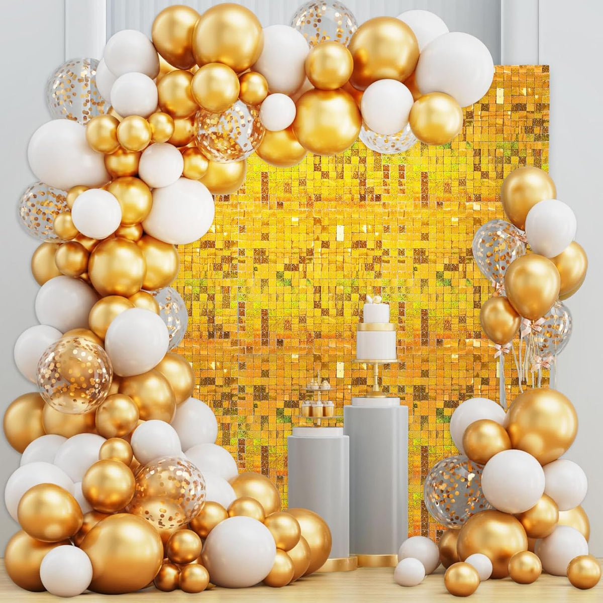 12PCS Gold Shimmer Wall Backdrop, Laser Square Sequin Photo Backdrops Panel, Glitter Wall