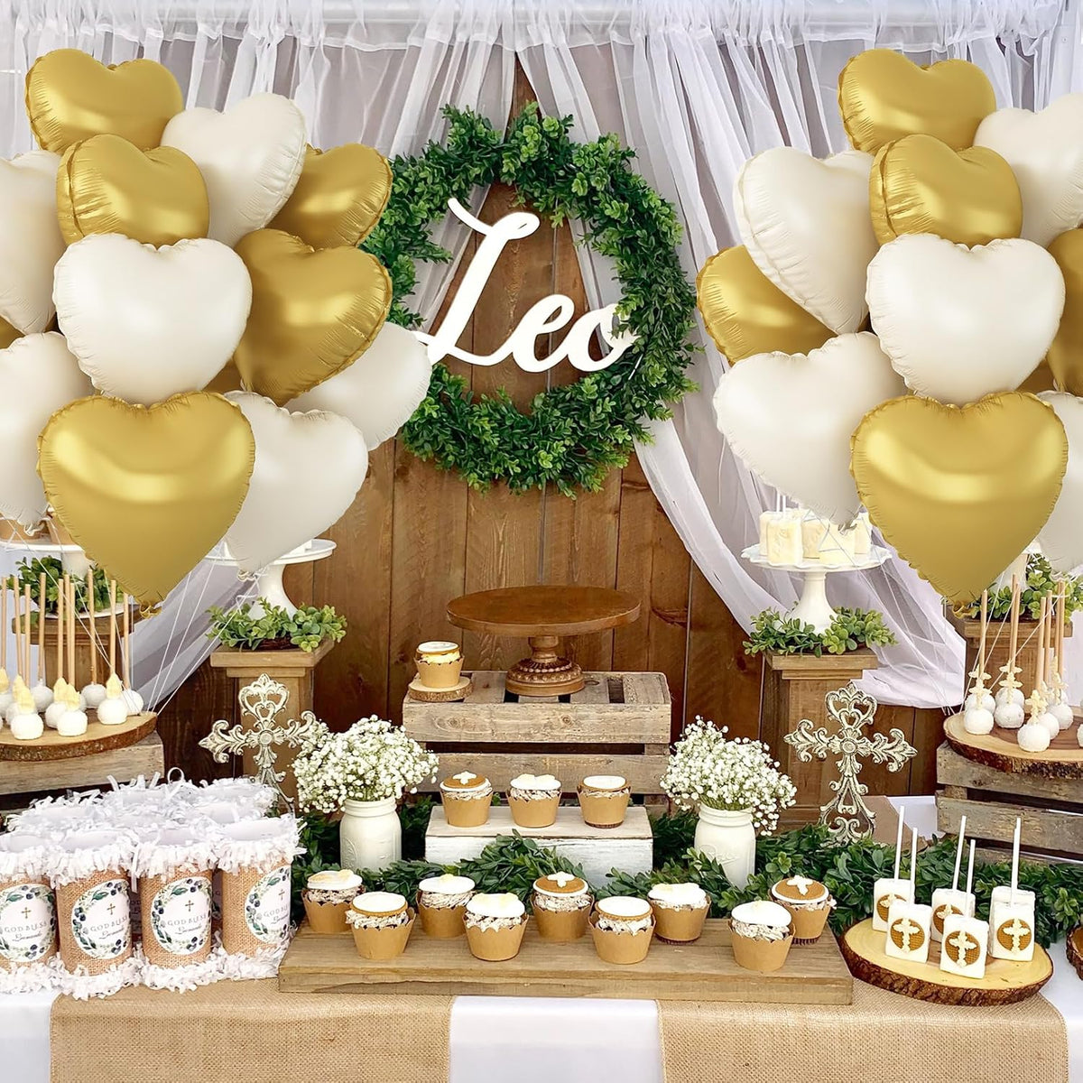 Sand White Gold Heart Balloons,12Pcs 18Inch Cream White Metallic Gold Heart Shaped Foil Helium Foil