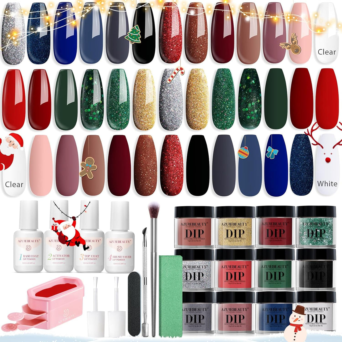 AZUREBEAUTY 31 PCS Dip Powder Nail Starter Kit Christmas, Red Green Gold Grey Acrylic Dipping