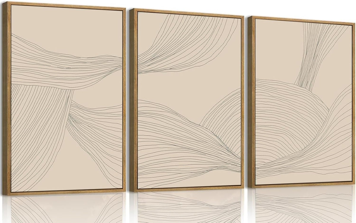 myusuar 3 Piece Large Modern Abstract Canvas Framed Wall Art For Living Room, Beige Minimalist Wall