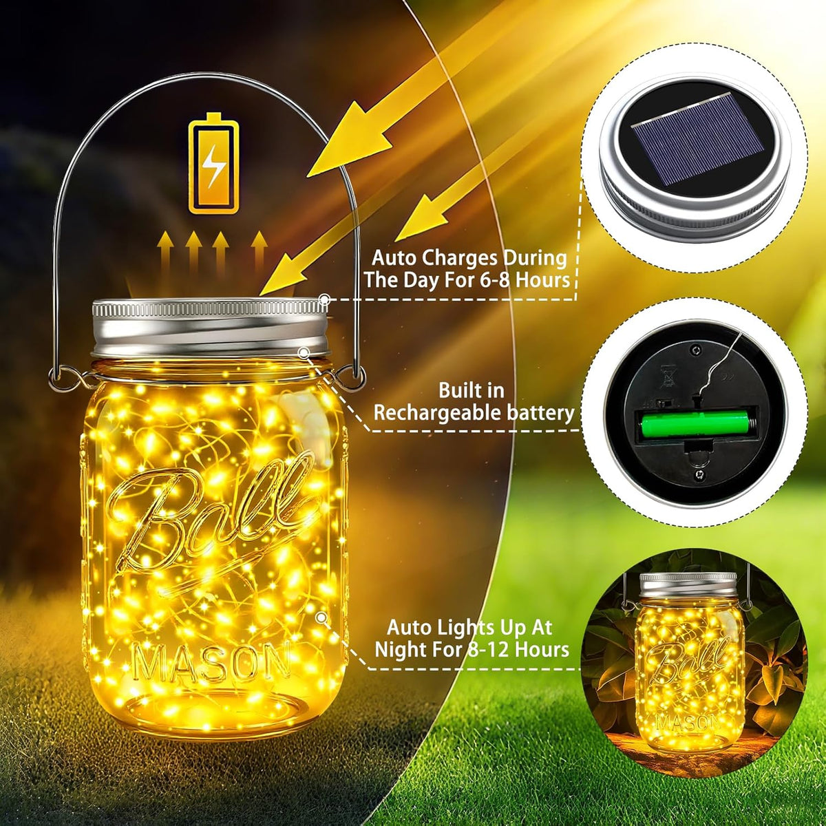 ZNYCYE Mason Jar Solar Lights for Outside, 12 Pack 30 LED Fairy Firefly Lights Mason Jar Solar Lids