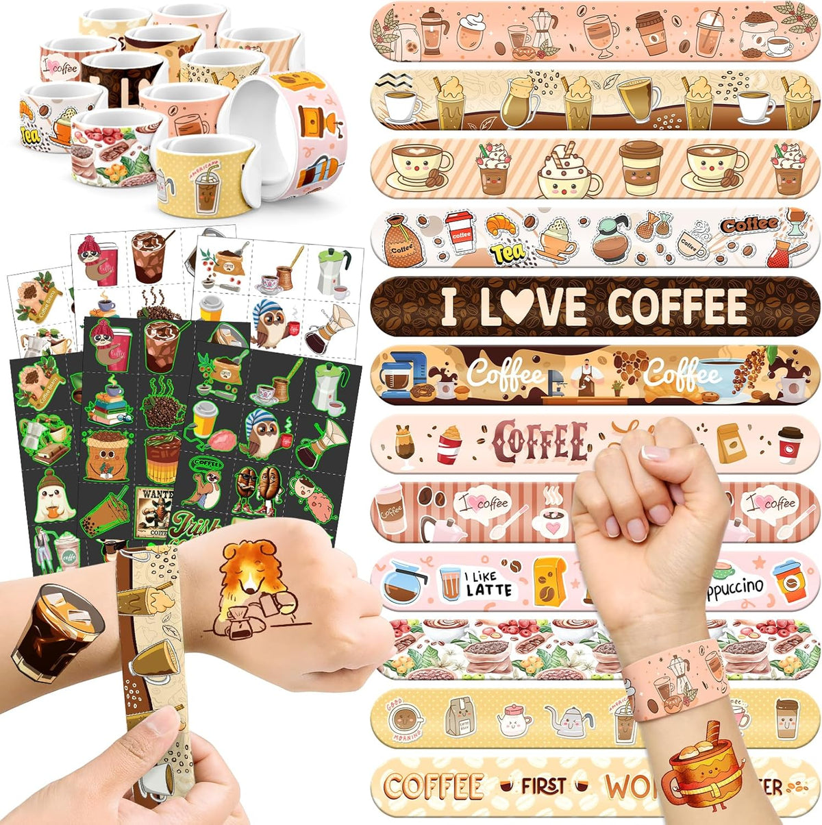 96 PCS Coffee Party Favors Set – 72 Pre-Cut Temporary Tattoos & 24 Slap Bracelets for Kids &