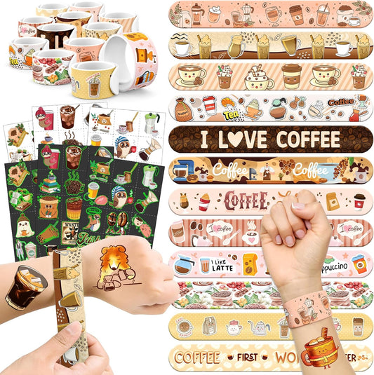 96 PCS Coffee Party Favors Set – 72 Pre-Cut Temporary Tattoos & 24 Slap Bracelets for Kids &