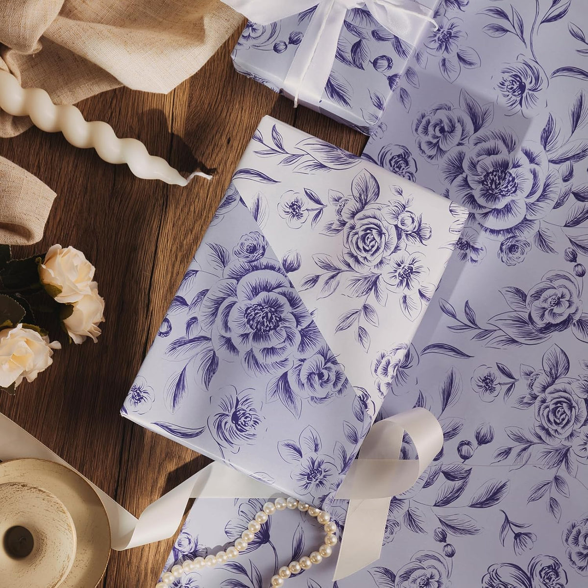 WRAPAHOLIC Jumbo Reversible Floral Wrapping Paper Roll - 30 Inch x 33 Feet - Purple Flower Wrapping