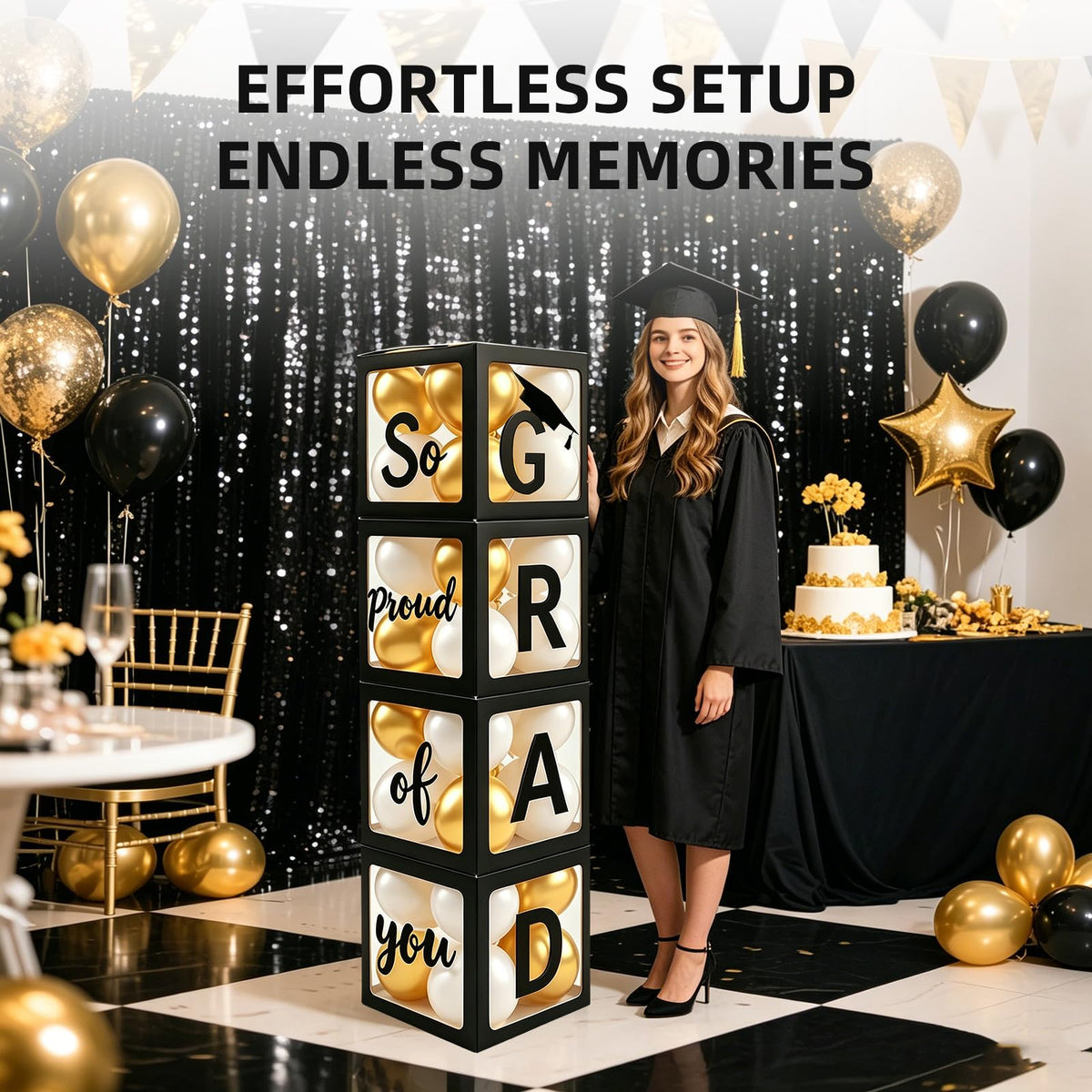 2026 Graduation Party Decorations - Black Balloon Boxes with Letters, "GRAD" & "So Proud of You" &