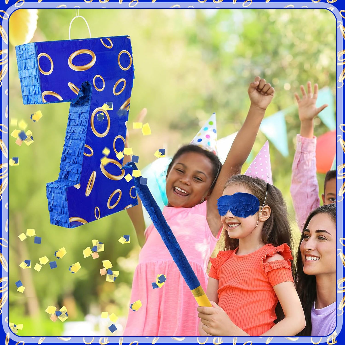 Number 7 Blue and Golden Rings Piñata for Kids Birthday Cartoon Theme Small Piñata with Blindfold
