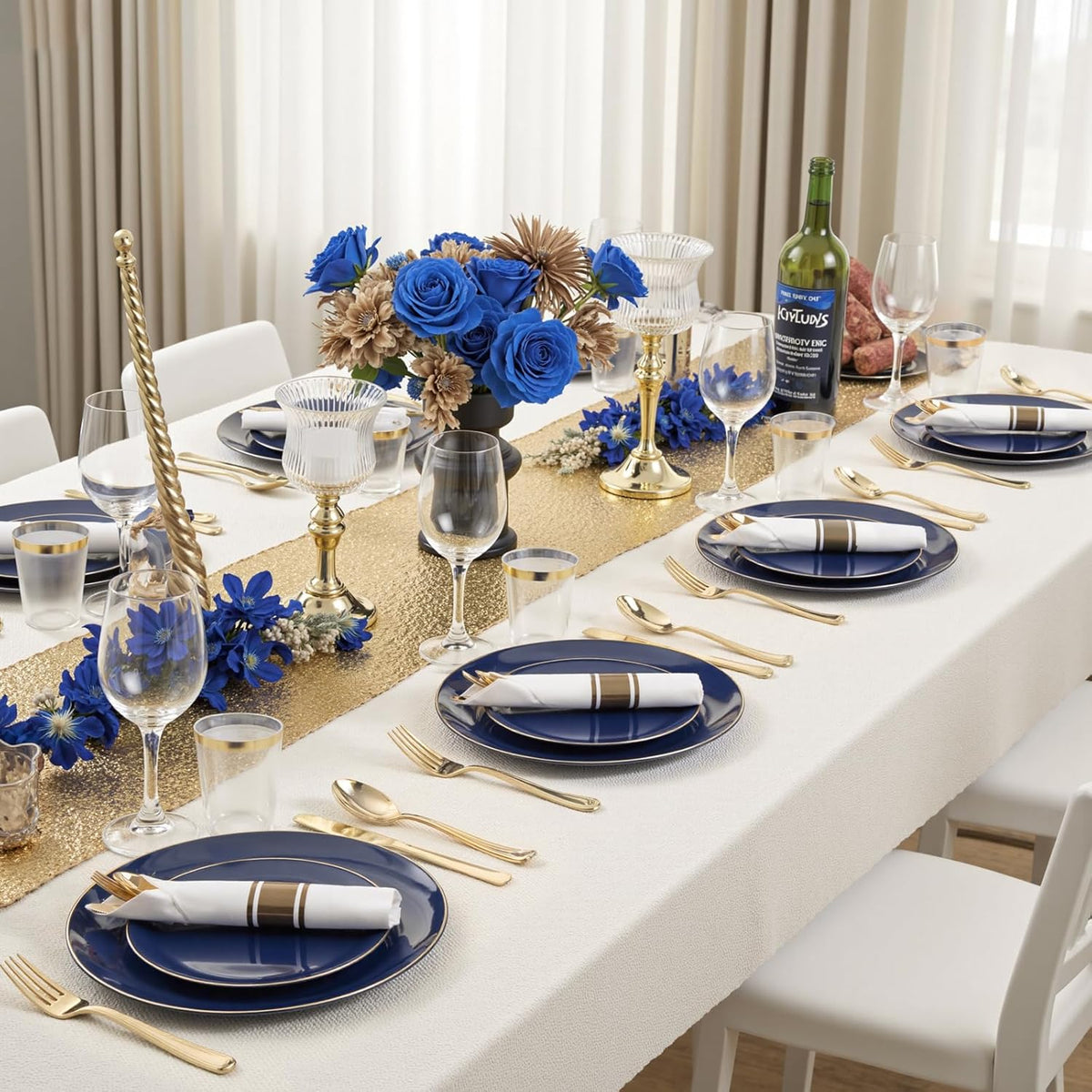 KIRE 350Pcs Blue and Gold Plates -Heavy Duty Navy Blue Dinnerware Set - 100 Plastic Plates 50 Pre